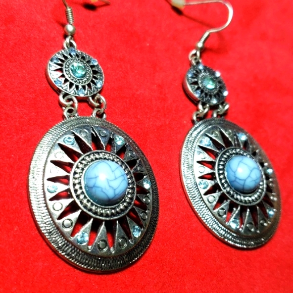 Antique Turquoise Double Beautiful Earrings Silver Tone &  Stones - Picture 4 of 12